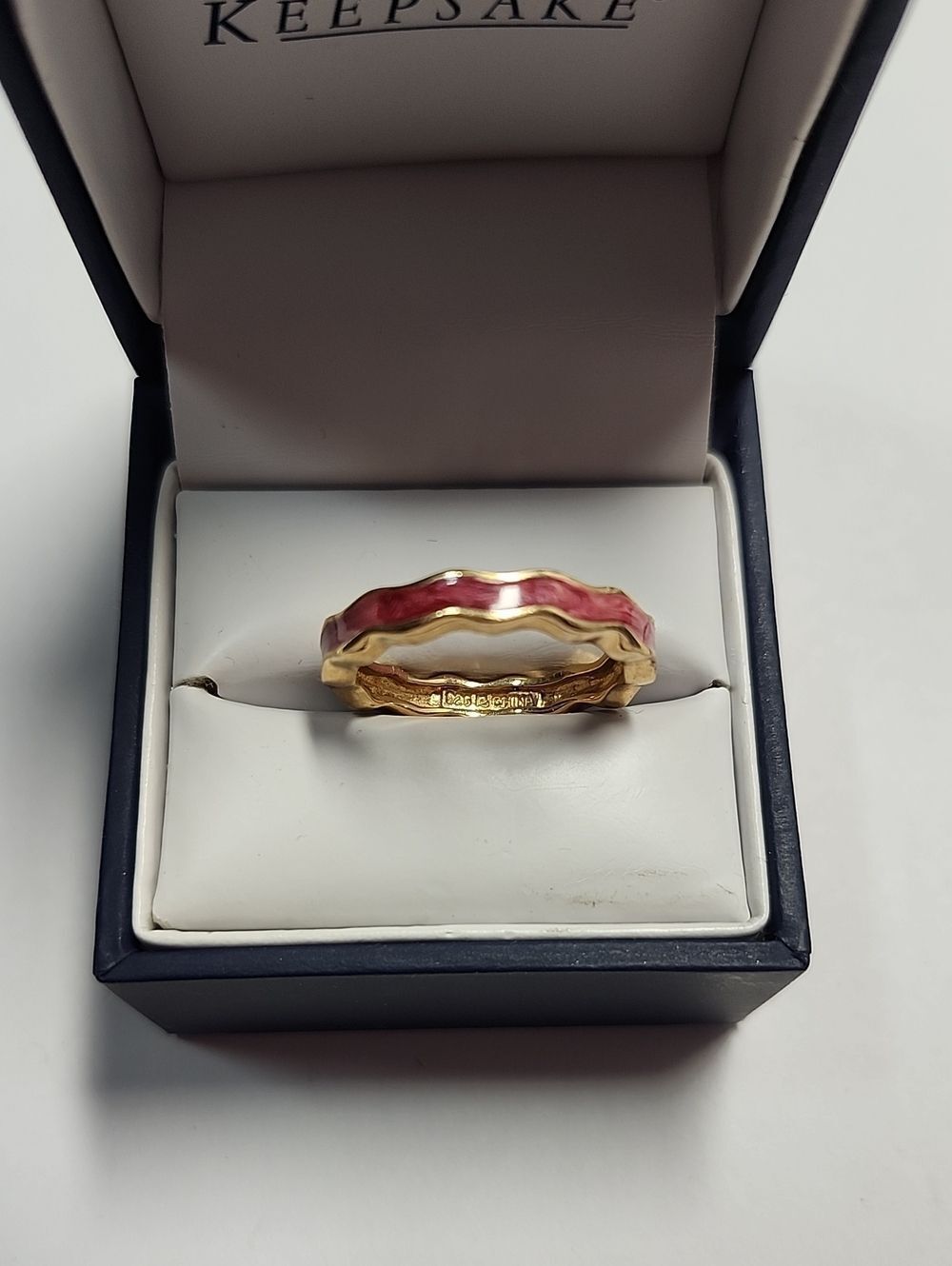 Gold Tone Ring with Pink Enamel Wavy Band 6.75 Sterling Plated